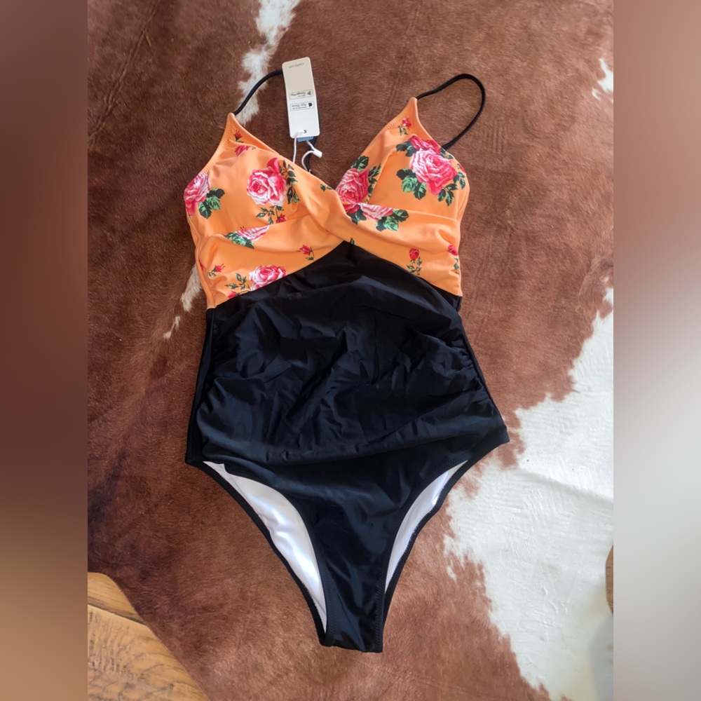 One piece coral/orange floral swim suit